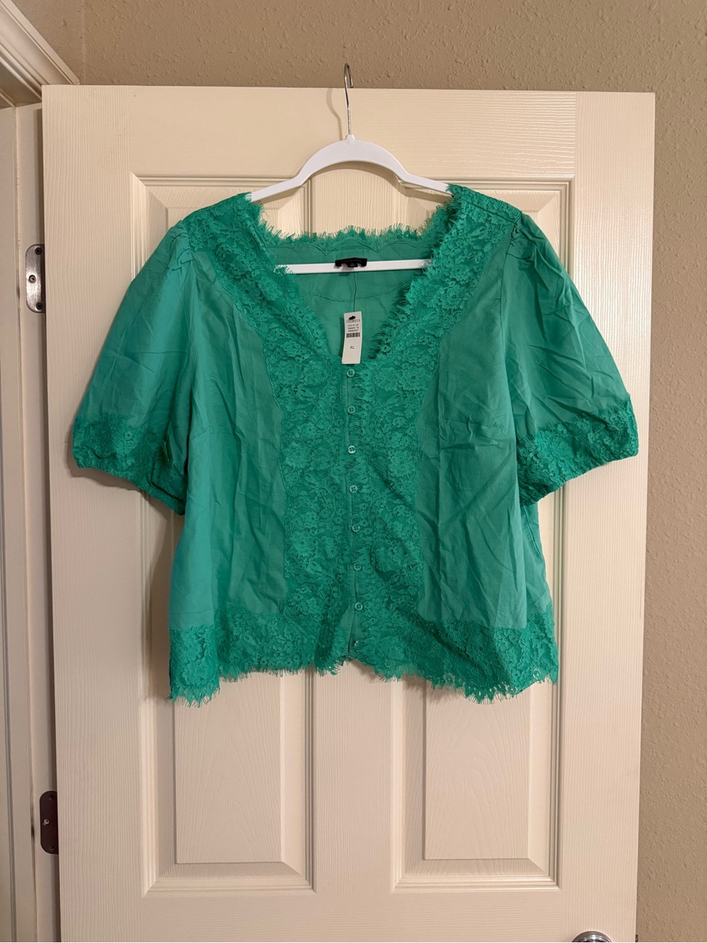 Talbots Emerald Green Lace-Trim Button Front Blouse